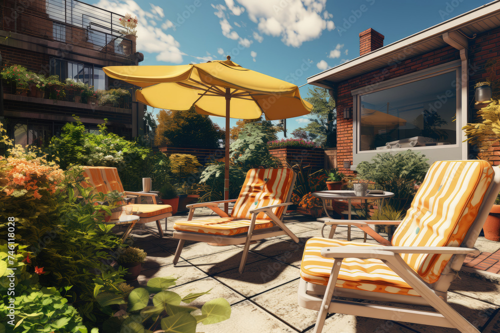 A pair of lawn chairs are placed on a patio, ready for relaxation and outdoor enjoyment A pair of lawn chairs are placed on a patio, ready for relaxation and outdoor enjoyment