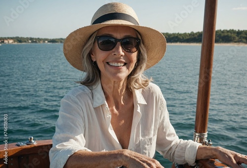 Sea Breeze Joy: Senior Woman with Summer Hat on a Boat