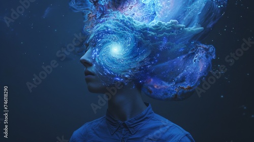 A stunning visual metaphor for cosmic awareness with a head replaced by a swirling galaxy, set against a deep space backdrop