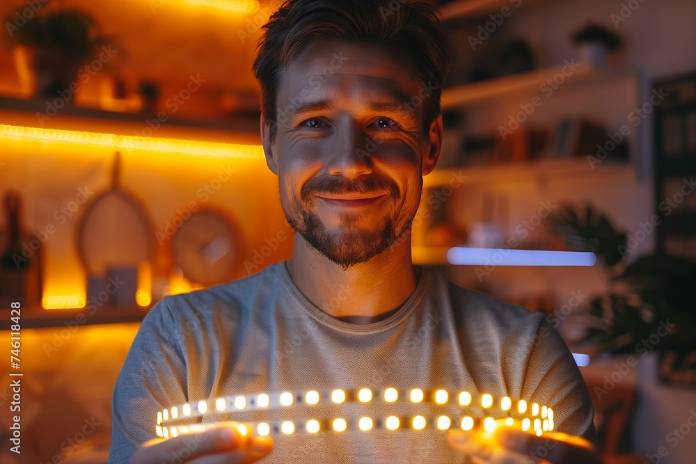 One happy brunette man hold in his hands one led strip light. Photography of the satisfied customer or electrician. 
 - obrazy, fototapety, plakaty 
