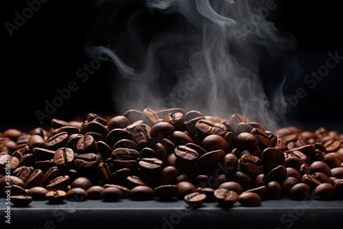 Roasted coffee beans with smoke rising over dark background