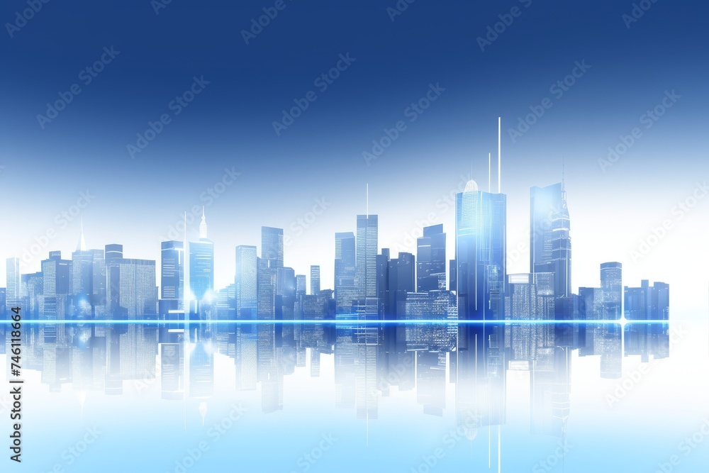 Stunning cityscape reflection on beautiful blue and white background