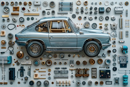 One silver car surrounded by disassembled car parts and details. Layout photography related to maintenance, repair, support, car diagnostics.
