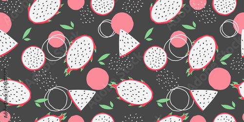 Seamless pattern with exotic tropical fruits. Summer print with pitahaya. Vector graphics.