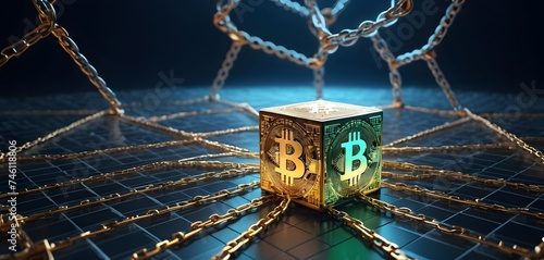 A gleaming golden Bitcoin cube is connected to a network of chains, symbolizing the cryptocurrency's fundamental role in the blockchain ecosystem. AI Generative photo