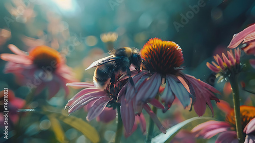 Polinização de flor selvagem por uma abelha em closeup vívido