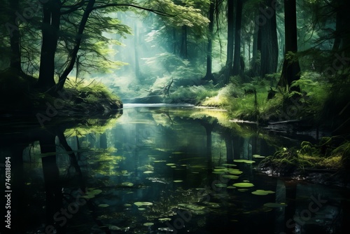 Pond calm forest water. Plant spring. Generate Ai