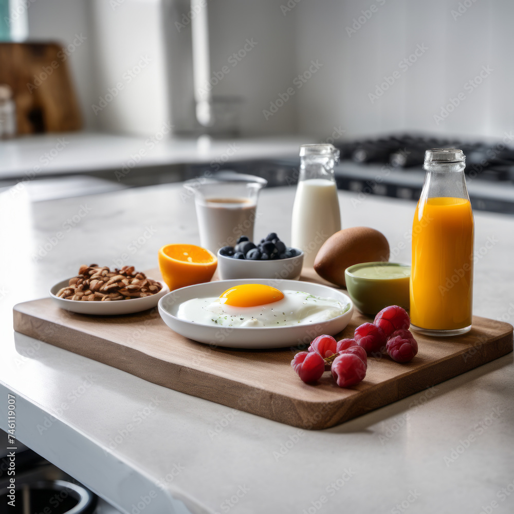 Closeup photo of a nutritious breakfast on a modern minimalist board on countertop in a sleek urban kitchen. Closeup photo of a nutritious breakfast on a modern minimalist board on countertop in a sleek urban kitchen.