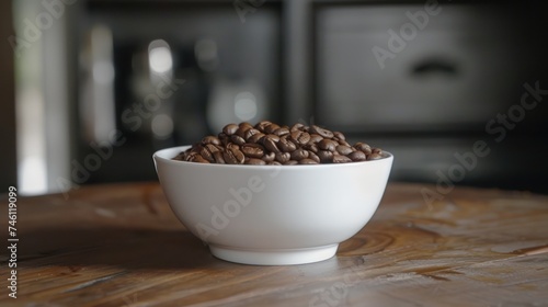 Brown coffee beans on white ceramic bowl