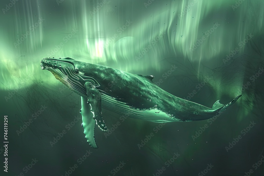 Fototapeta premium A majestic humpback whale superimposed with the ethereal glow of the Northern Lights in a double exposure