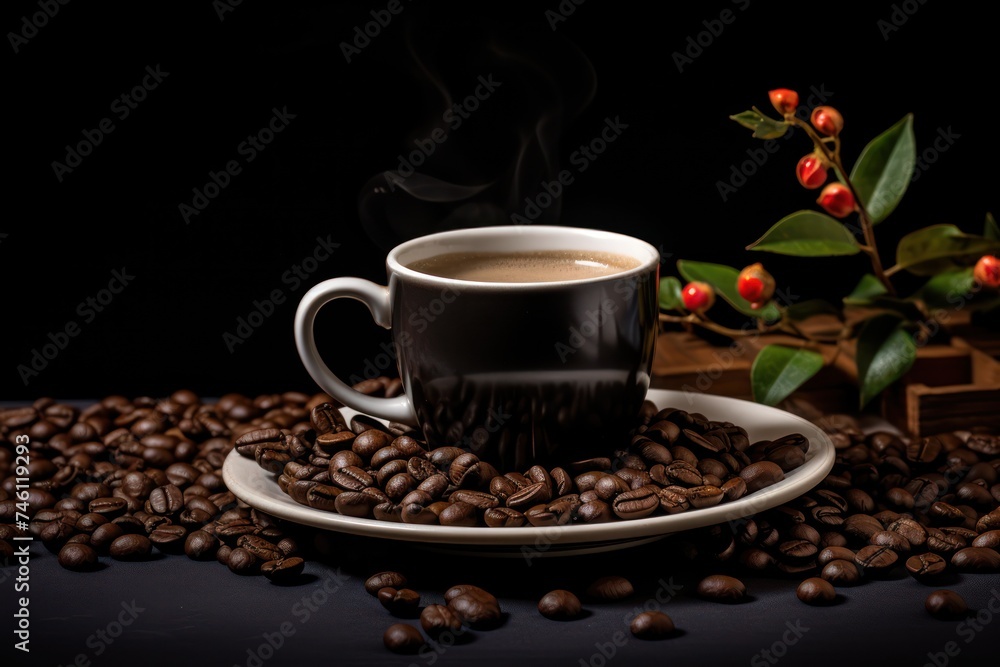 Coffee beans and cup on plain black background Coffee beans and cup on plain black background