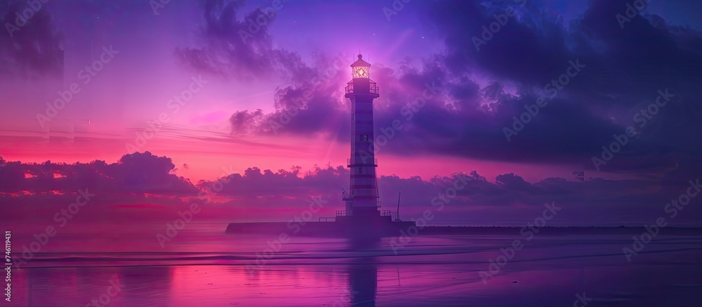A light tower stands atop a body of water, its beacon shining bright against the backdrop of the skyline. The structure reflects in the water, creating a mesmerizing sight.