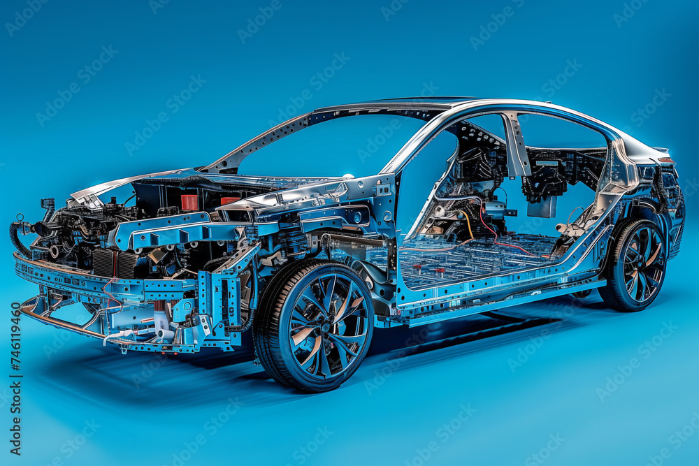 Electric Vehicle Chassis and Powertrain Exposed View Electric Vehicle Chassis and Powertrain Exposed View