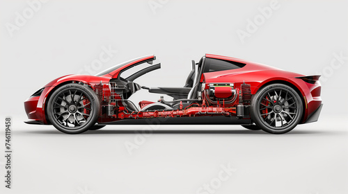 Side Cutaway View of a Red Electric Supercar