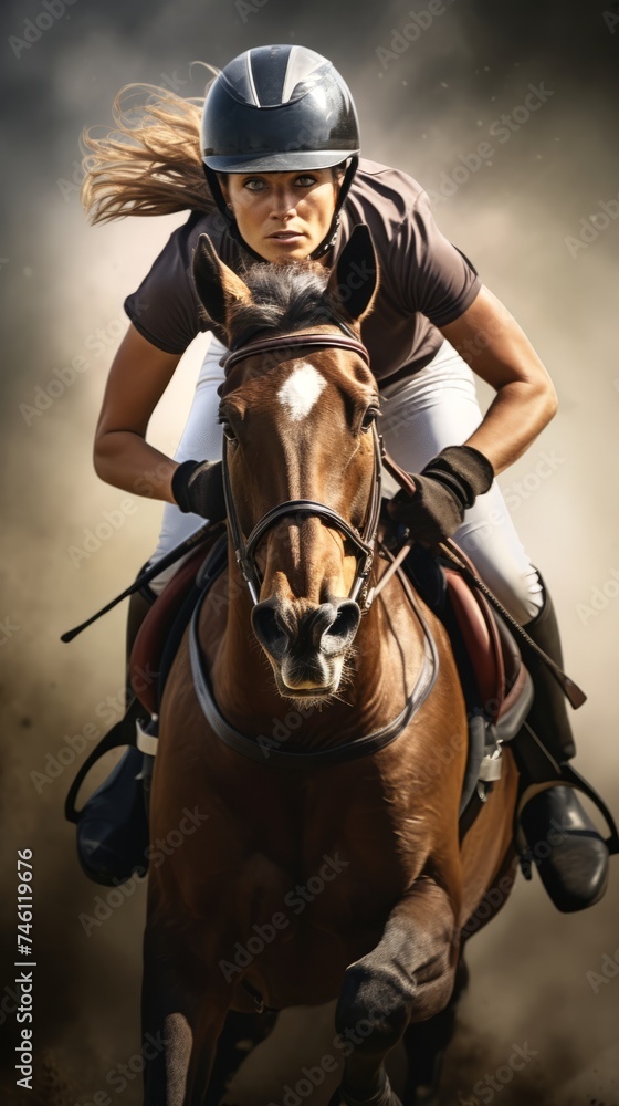 Female jockey riding bay horse in full gallop. Concept of equestrian sport, horseback riding, race training, athleticism. Vertical format Female jockey riding bay horse in full gallop. Concept of equestrian sport, horseback riding, race training, athleticism. Vertical format