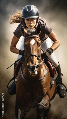 Female jockey riding bay horse in full gallop. Concept of equestrian sport, horseback riding, race training, athleticism. Vertical format © Jafree