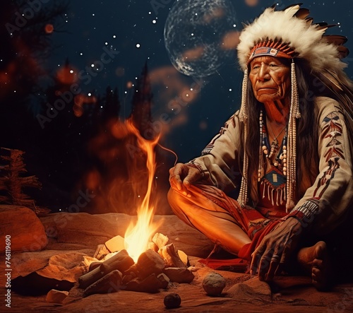 Native American elderly shaman with ceremonial headdress by fire under the night sky. Tribal leader. Concept of indigenous culture, traditional ritual, native attire, spiritual ceremony, meditation
