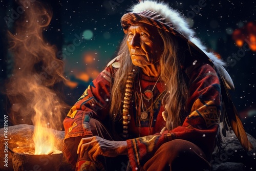 Indigenous elder in traditional attire performing a ritual by fire at night. Native American shaman. Concept of indigenous culture, traditional ritual, native attire, spiritual ceremony, meditation