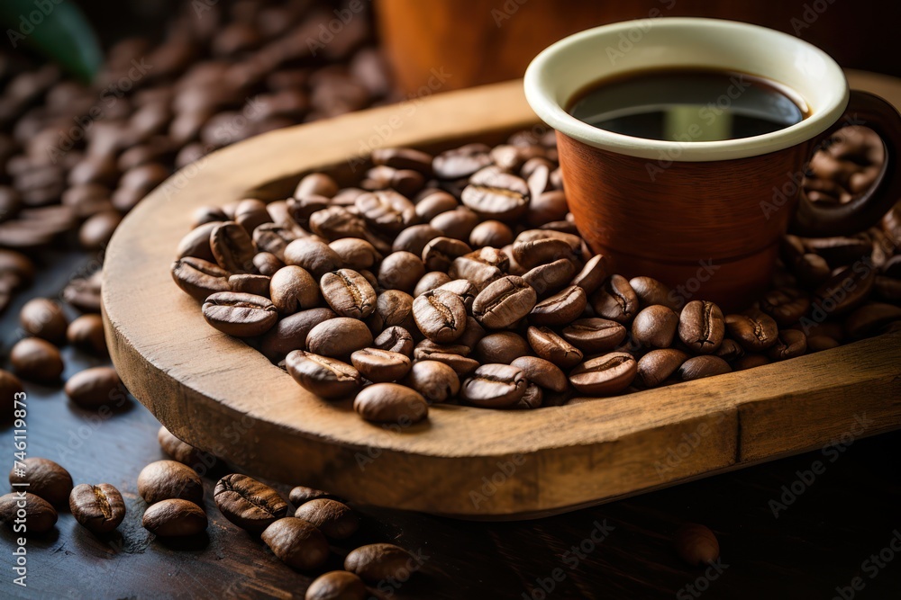 Coffee beans and cup on a wooden tray and table Coffee beans and cup on a wooden tray and table