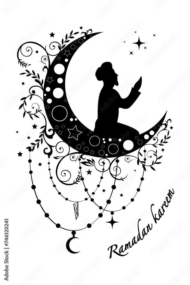 Silhouette of a Muslim praying on Cescent moon, Ramadan concept in boho style. Islamic symbol can be used for the month of Ramadan, Eid and Eid Al-Adha. for logo, website and poster designs. vector Silhouette of a Muslim praying on Cescent moon, Ramadan concept in boho style. Islamic symbol can be used for the month of Ramadan, Eid and Eid Al-Adha. for logo, website and poster designs. vector