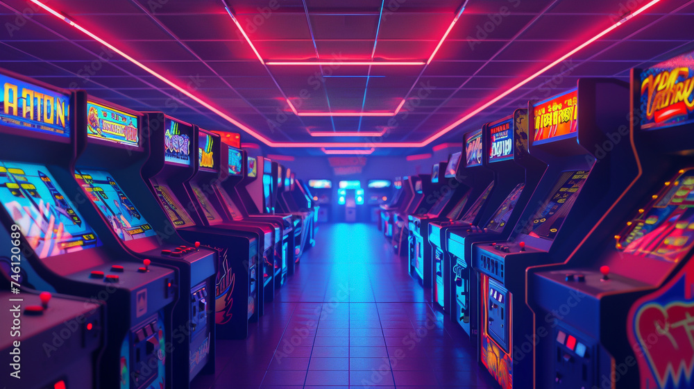 3D rendering of a classic 90s arcade room rows of game cabinets illuminated by neon lights focusing on the detailed textures of the machines and ambient lighting - obrazy, fototapety, plakaty 