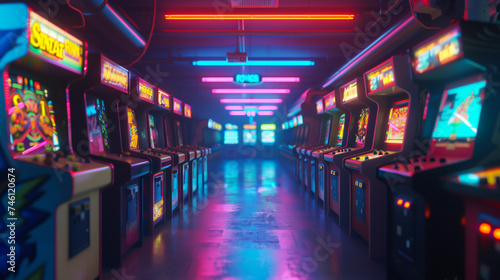 3D rendering of a classic 90s arcade room rows of game cabinets illuminated by neon lights focusing on the detailed textures of the machines and ambient lighting © JR-50