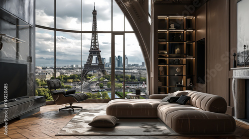 3D rendering of a luxurious room in the Eiffel Tower hotel with panoramic glass windows showcasing a stunning view of Paris below hyper realistic details photo