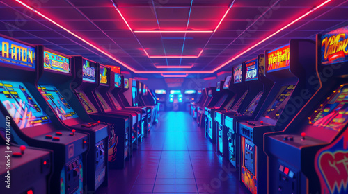 3D rendering of a classic 90s arcade room rows of game cabinets illuminated by neon lights focusing on the detailed textures of the machines and ambient lighting photo