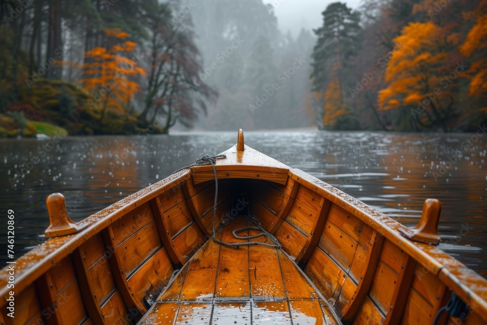 A serene wooden boat floats on a still lake among the autumnal trees enveloped in mist