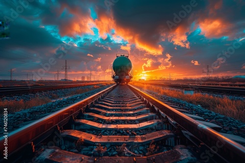 Dramatic, high-contrast image of a train heading directly towards the camera on tracks set against a fiery sky at sunset photo