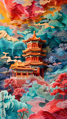 Abstract art of the Forbidden City reimagined as a fantastical papercraft landscape with exaggerated features and a kaleidoscope of colors photo