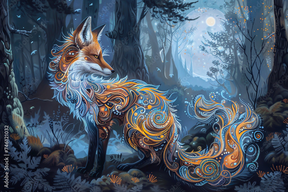 Majestic 9 tailed fox in a mystical forest bathed in moonlight with each tail uniquely patterned capturing the mythical creature in stunning detail - obrazy, fototapety, plakaty 
