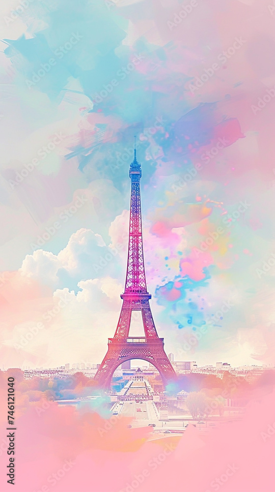 Minimalist line art of the Eiffel Tower clean lines and simple forms capturing the essence of the landmark against a pastel background