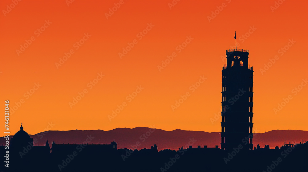 Silhouette of the Leaning Tower of Pisa during sunset reduced to minimalist lines against a vibrant orange sky emphasizing its iconic form