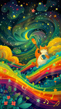 Stylized illustration of a cat playing a rainbow colored guitar surrounded by whimsical music notes and stars in a vibrant dreamy landscape