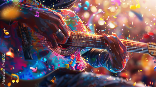 Hands strumming a brightly painted guitar colorful musical notes emanating from the strings against a blurred background of a cheering crowd high detail on the guitars texture