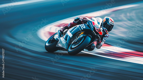 High speed MotoGP motorcycle racing on a sharp turn detailed focus on the bikes design and riders concentration dynamic angle capturing the sense of speed