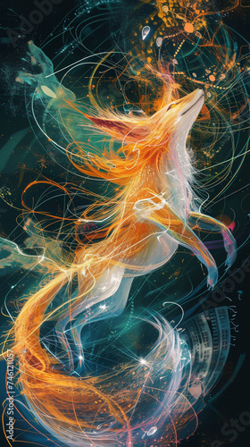 Stylized digital art of a 9 tailed fox casting magical spells with dynamic lines and abstract patterns emphasizing its mythical powers