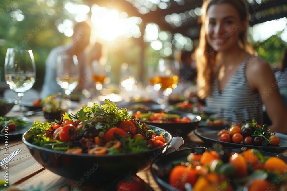 Healthy fresh salad in the foreground with a smiling woman in soft focus at a dinner table with friends
