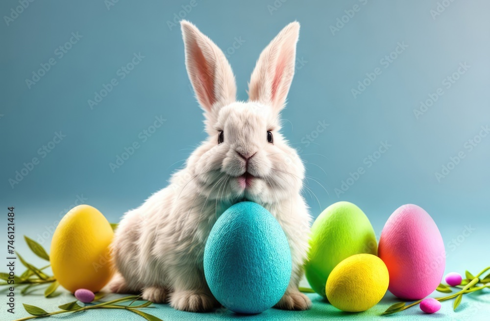 Easter banner with cute Easter bunny hatching from pastel color Easter egg on pastel color background. Illustration of Easter rabbit sitting in cracked eggshell. Happy Easter greeting card.Copy space. Easter banner with cute Easter bunny hatching from pastel color Easter egg on pastel color background. Illustration of Easter rabbit sitting in cracked eggshell. Happy Easter greeting card.Copy space.