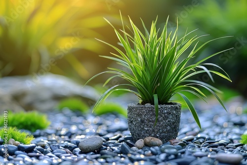 This serene image showcases a potted plant basking in sunlight with a backdrop of garden pebbles and soft focus nature