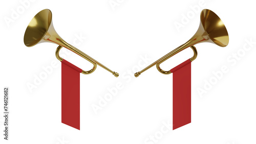 Two golden fanfare with red flags isolated on transparent and white background. Music concept. 3D render