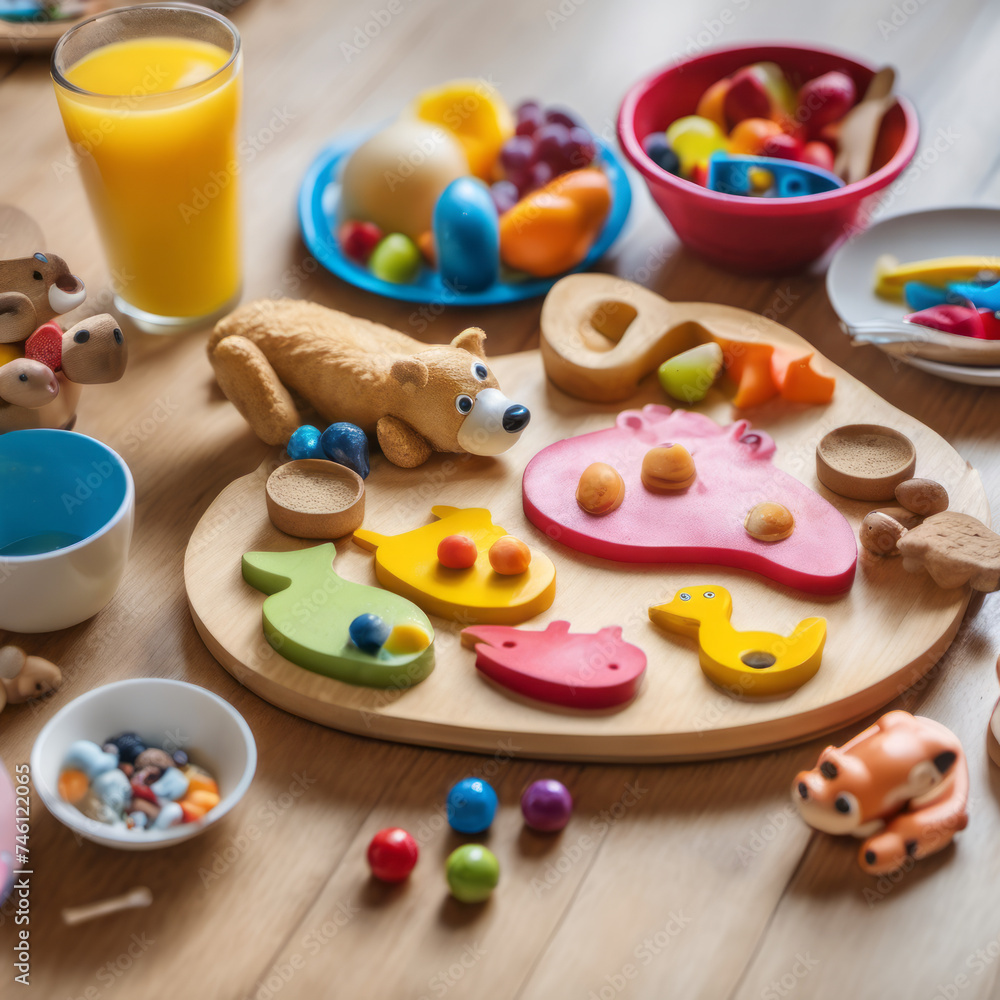 A playful breakfast scene unfolds in a child's bedroom, a nutritious meal displayed creatively on an animal-shaped wooden board, a perfect subject for a closeup photo amidst the colorful backdrop of t