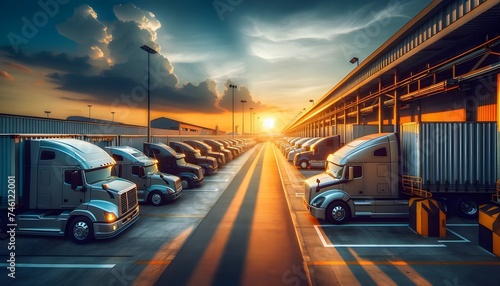 Rows of semi-trucks parked at a freight terminal during a sunset that casts long shadows and a golden glow.