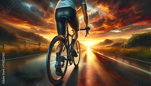 A cyclist on an open road at sunrise, with a dramatic sky casting golden light on the path ahead.

