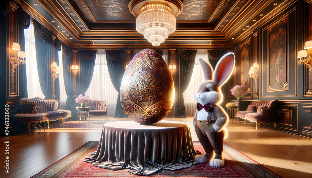 Easter bunny in showroom with high-end Easter egg - obrazy, fototapety, plakaty 