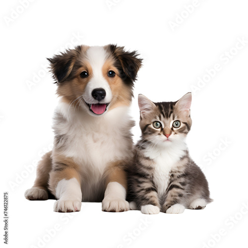 Dog and Cat: A Portrait of Friendship and Amazing Friendliness, Featuring a Happy Puppy and Kitten Looking at the Camera Together, Isolated on Transparent Background, PNG