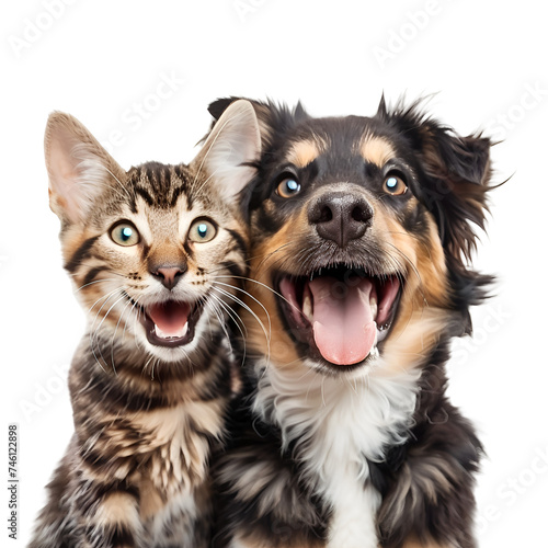 The Amazing Friendliness of Pets: A Portrait of a Happy Puppy and Kitten Looking at the Camera Together, A Testament to Dog and Cat Friendship, Isolated on Transparent Background, PNG