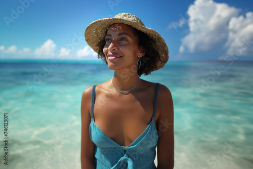 woman enjoying the sun on her vacation on a tropical island