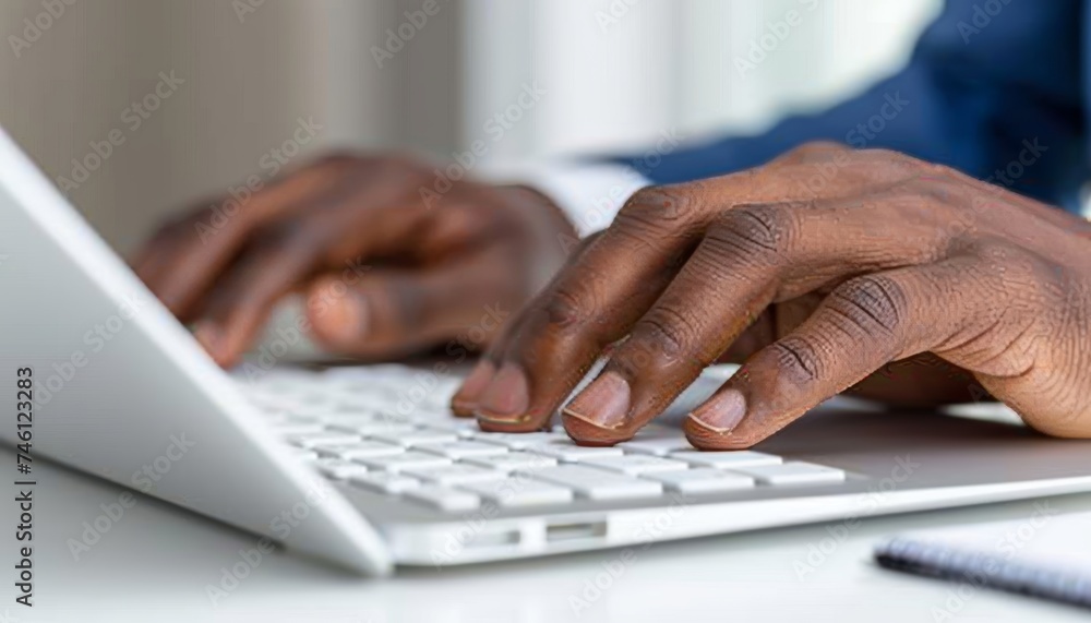 Workspace with hands typing on keyboard, notebook, and pen, copy space available